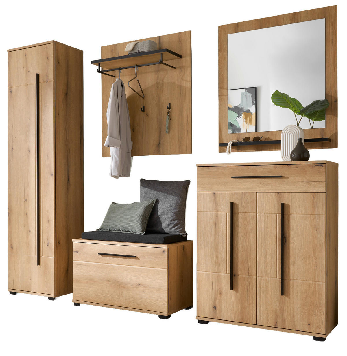 GARDEROBEN-SET Evoke Eiche 6-teilig 230 cm, Flurgarderobe mit Soft-Close - Eichefarben/Dunkelgrau, Glas/Holzwerkstoff (230/200/40cm) - Furn.Design