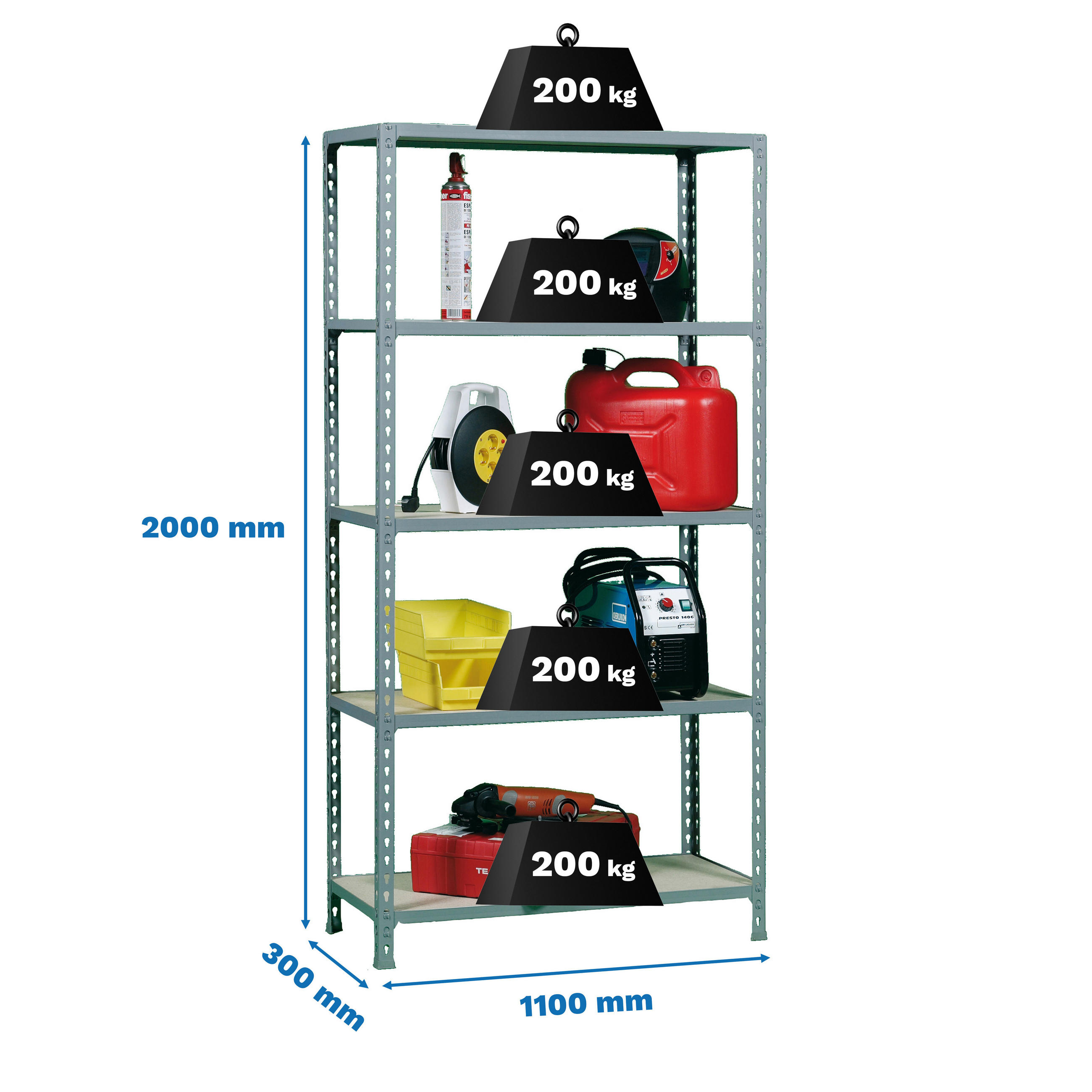 SCHWERLASTREGAL Big Muli HxBxT 200 x 110 x 30 cm 5 Fachböden Fachlast 200 kg Verzinkt - Silberfarben, Metall (110/200/30cm) - PROREGAL