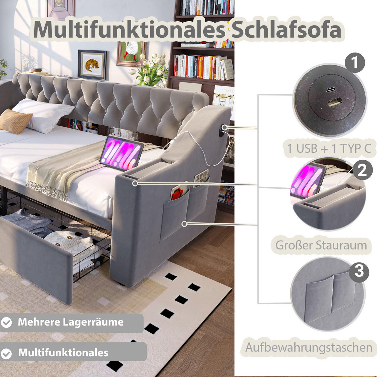 ČALOUNĚNÁ postel ze sametu Spací, 214,5/96/78,5 cm světle šedá, s USB a 2 úložnými zásuvkami - světle šedá, textil (90/190cm) - BEAOK