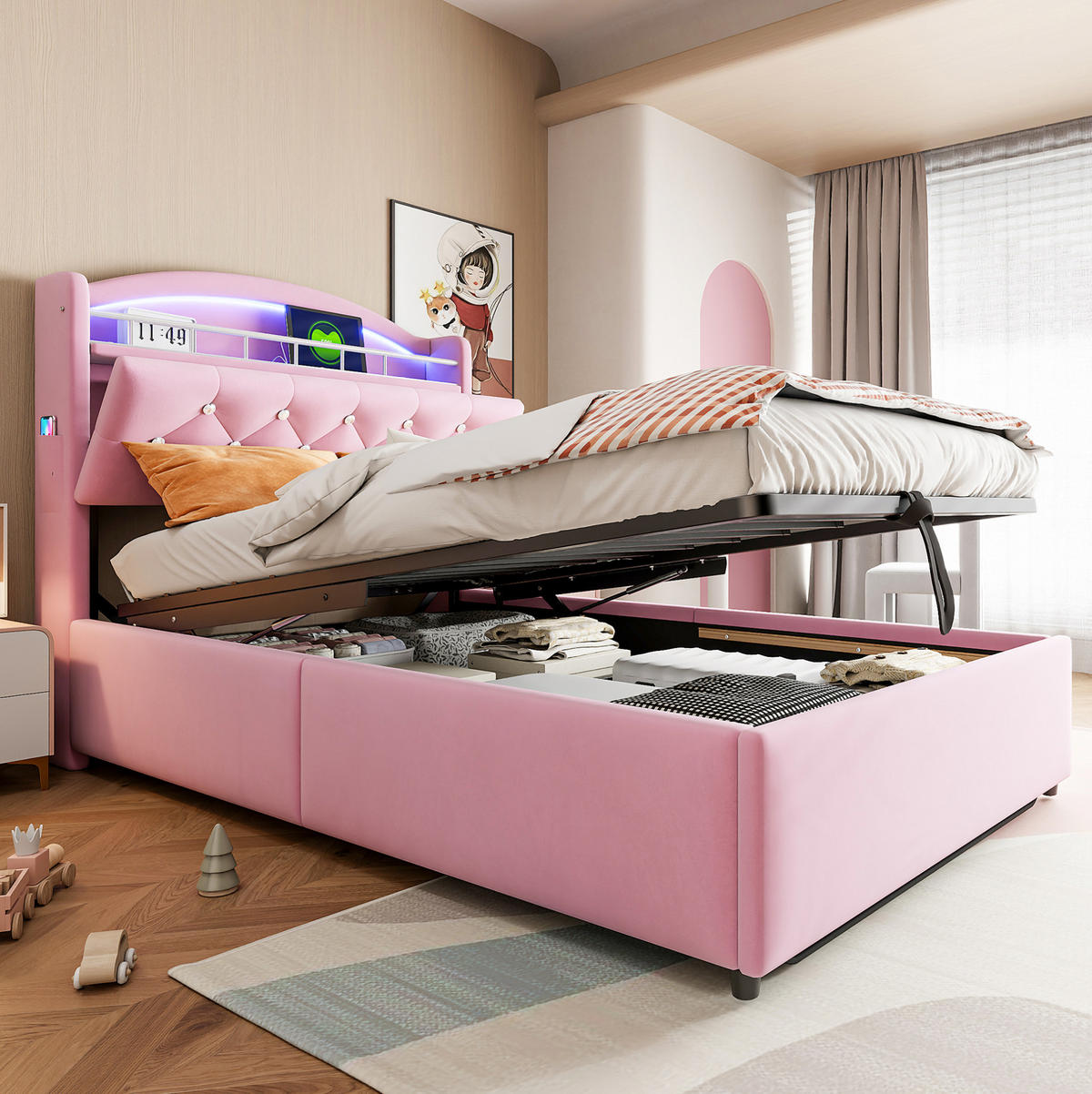 KINDERBETT mit Stauraum 90x200 cm Samt Rosa mit LED und USB - Pink, Metall (90/200cm) - Meubliv