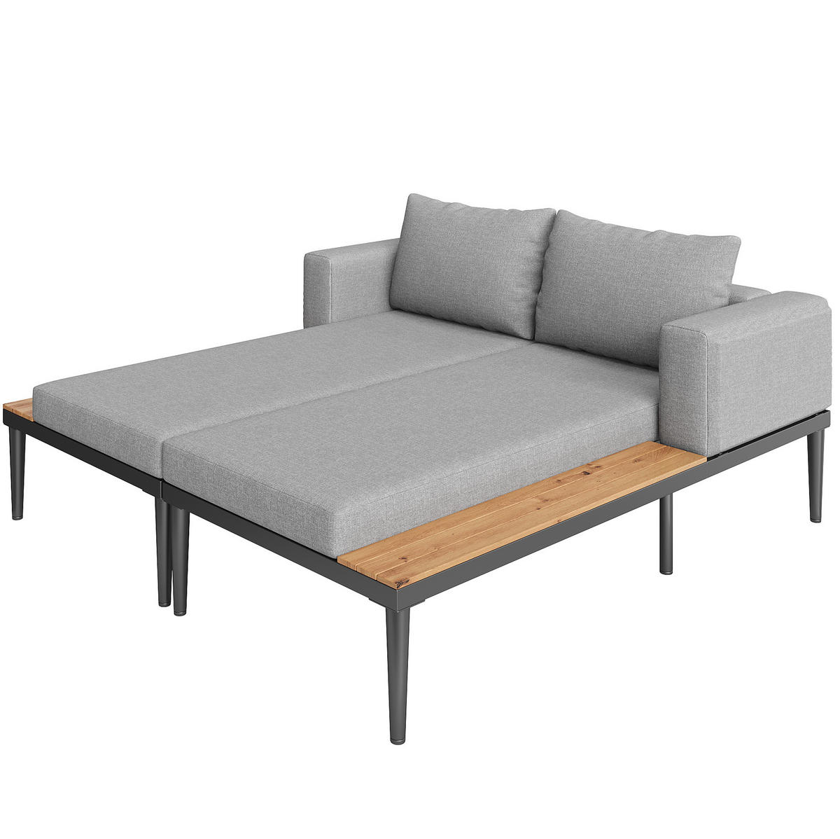 VENKOVNÍ rozkládací lehátko z kovu 150x140x30 cm šedé, voděodolný polyester, pro 2 osoby se stolky - šedá, kov (150/30/140cm) - Modfu