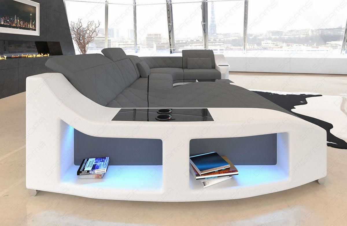 WOHNLANDSCHAFT Stoff Sofa Swing U Form Grau Weiß Mikrofaserstoff - Grau, Kunststoff (404/90/220cm)