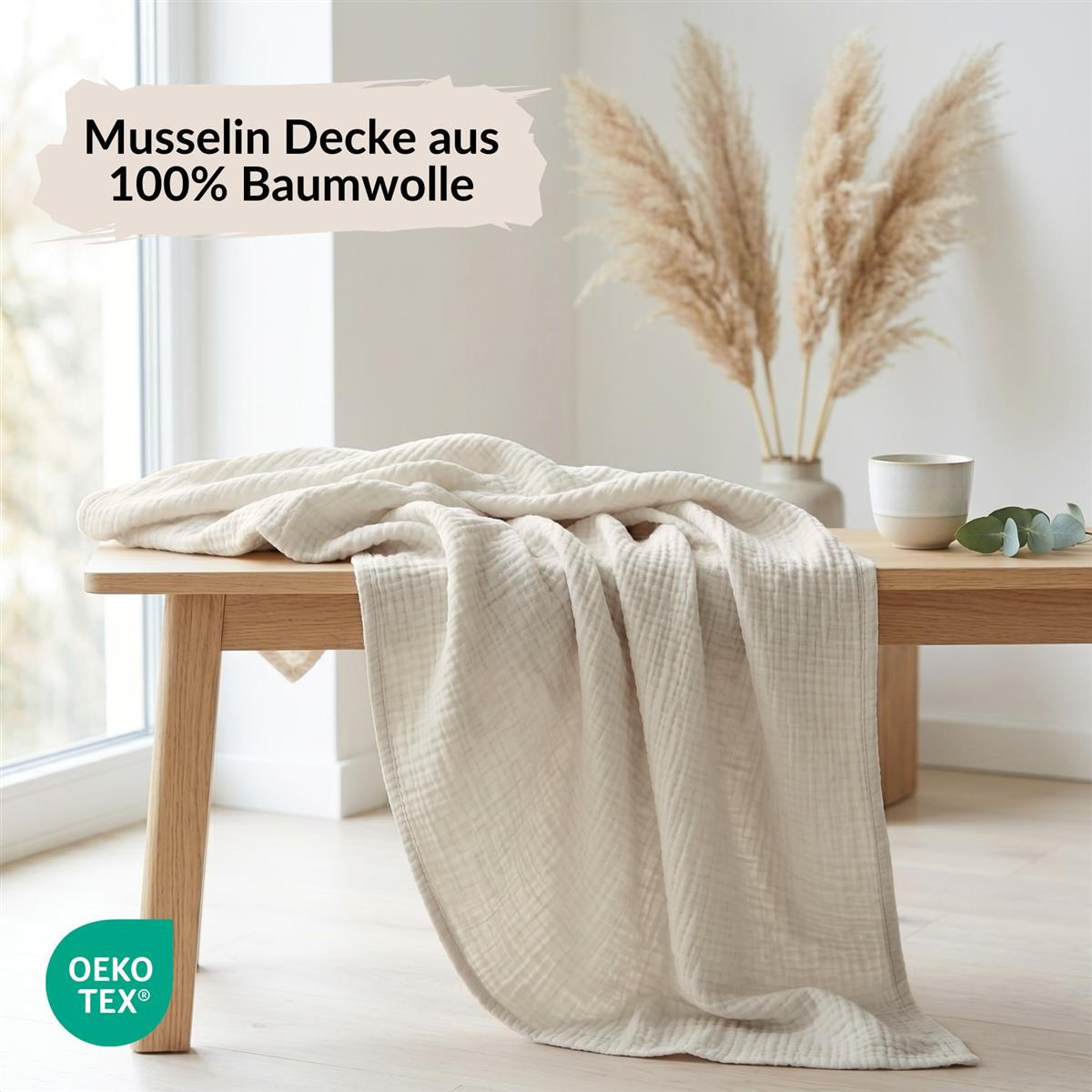 WOHNDECKE Musselin 150 x 200 cm, Leichte Kuscheldecke aus 100% Baumwolle - Nutzbar als Tagesdecke, Plaid oder Decke für Sofa, Couch & Bett - Beige - Beige, Textil (150/200cm) - Carpe Sonno