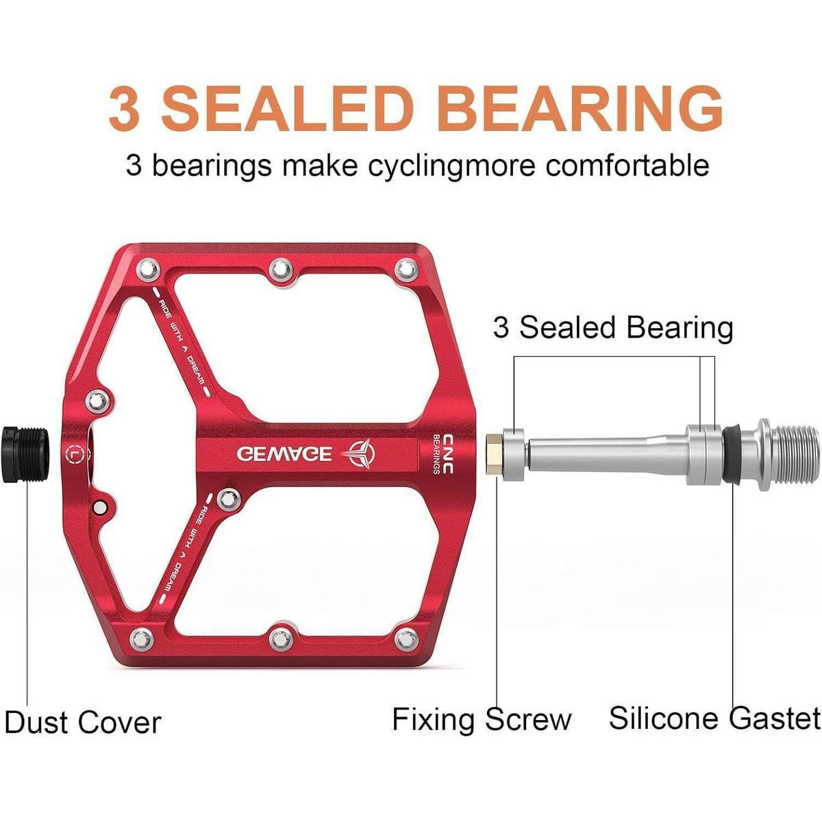 FAHRRADPEDALE Rennrad/Mountainbike CNC-gefräst Rot 9/16 Zoll 3 Lager mit Anti-Rutsch-Nägeln - Rot, Metall (10/1.5/10.4cm)