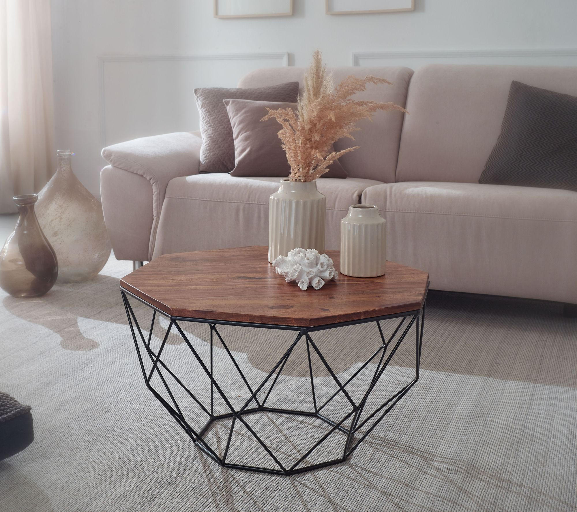 Thumbnail - Kadima Design Couchtisch, Braun, Holz, Echtholz,Sheesham, Rund,Rund, Gittergestell, 66x40x66 cm, Wohnzimmer, Wohnzimmert...