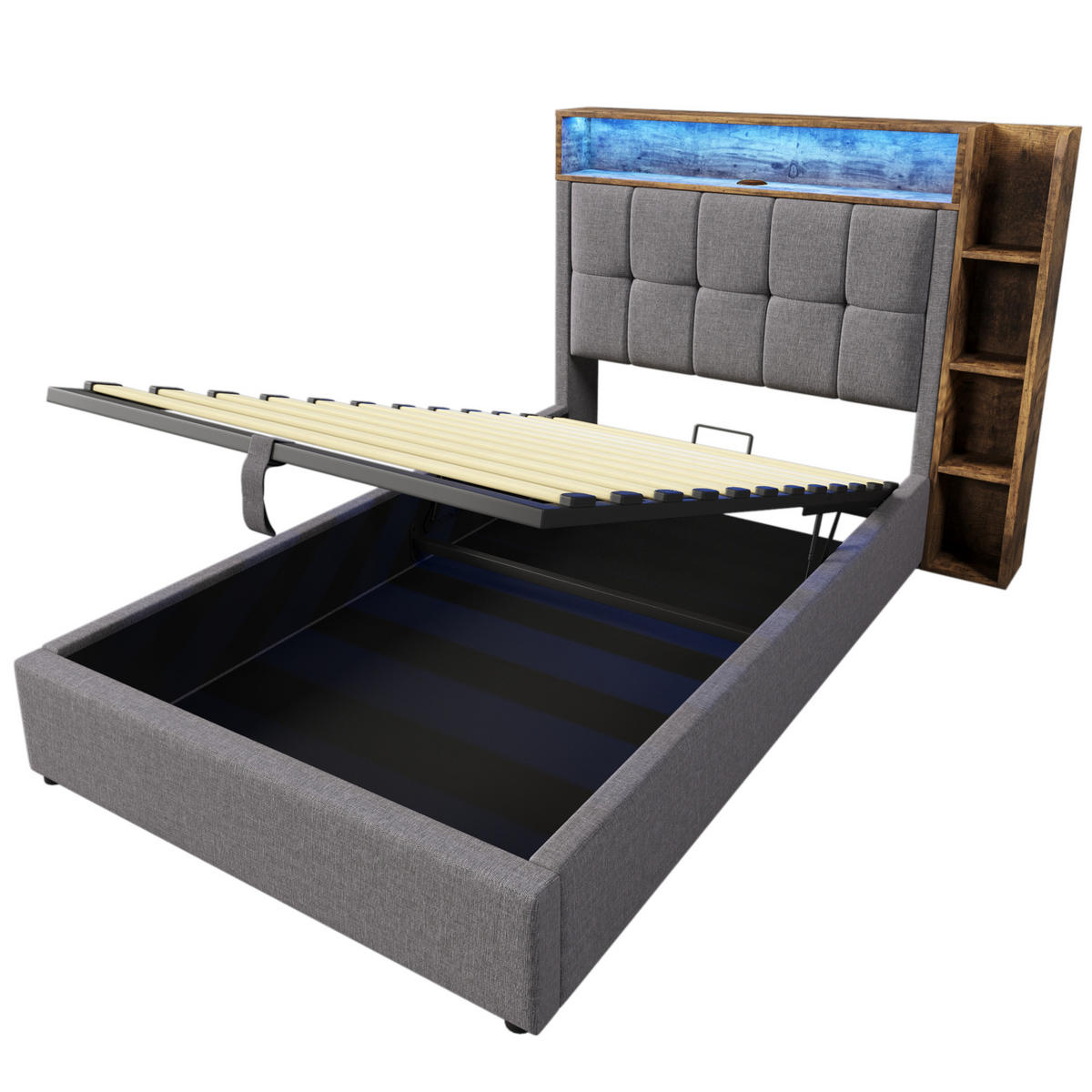 POLSTERBETT mit LED-Beleuchtung 90/200 cm mit Bettkasten & USB-C - Grau, Textil (90/200cm) - BEAOK