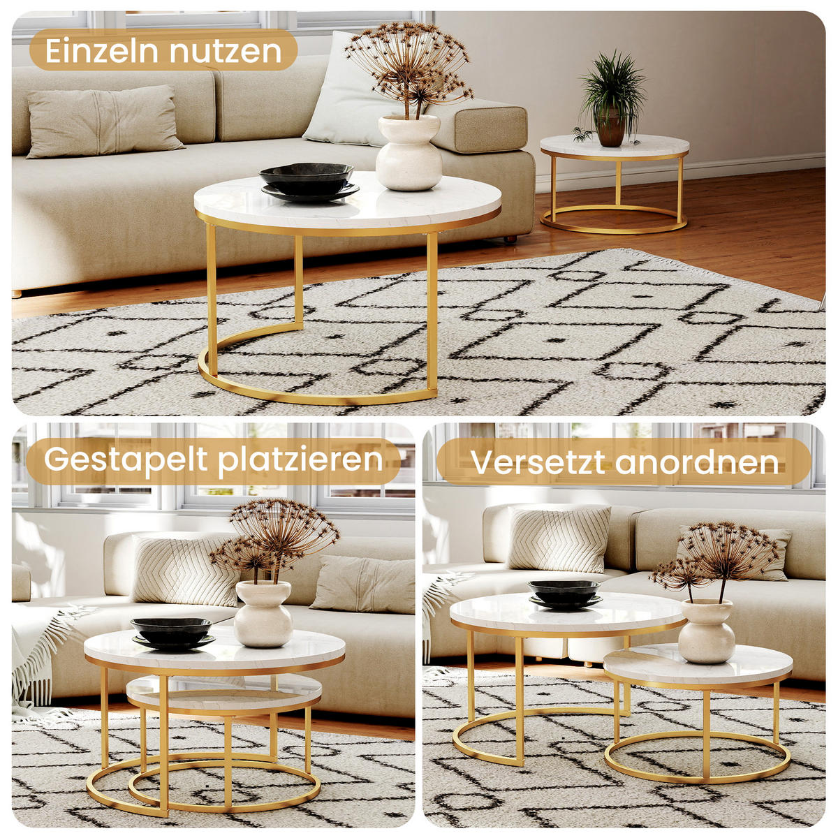 COUCHTISCH-SET mit Marmoreffekt und Metallrahmen Basis, Stapelbarer Beistelltisch Set 80/80/45 cm + 60/60/33,5 cm, Weiß und Gold - Weiß, Holzwerkstoff (80/80/45cm) - Redom
