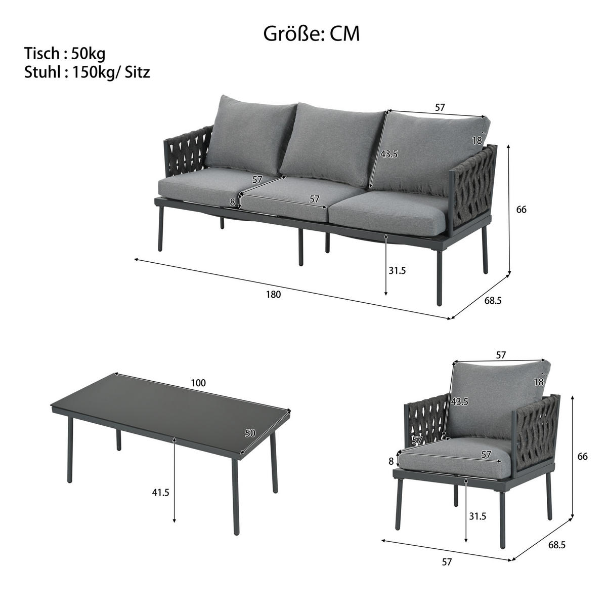 GARTENSET 4-tlg. 180x68x66cm grau aus Stahl und Seil mit Glas - Grau, Textil - Modfu
