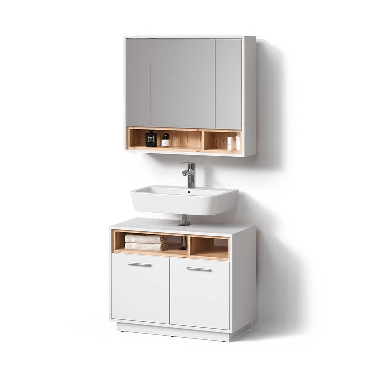 BADMÖBEL-SET Temo Weiß 2 Teile - Weiß/Sonoma Eiche, Holzwerkstoff (80/72/40cm) - Livinity®