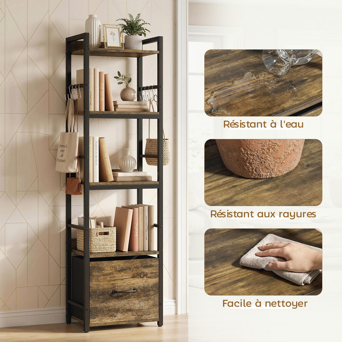 REGAL DE-15566 4 Ebenen + 1 Schublade + 8 Haken Rustikalbraun - Braun, Holzwerkstoff (39/136.5/26cm) - ComfortXL