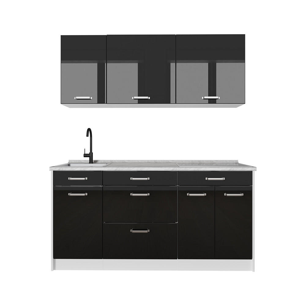 SINGLEKÜCHE R-Line, Schwarz Hochglanz/Weiß, 160 cm Arbeitsplatte Marmor - Schwarz Hochglanz/Weiß, Holzwerkstoff (160/81.6/60cm) - Vicco