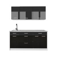 SINGLEKÜCHE R-Line, Schwarz Hochglanz/Weiß, 160 cm Arbeitsplatte Marmor - Schwarz Hochglanz/Weiß, Holzwerkstoff (160/81.6/60cm) - Vicco