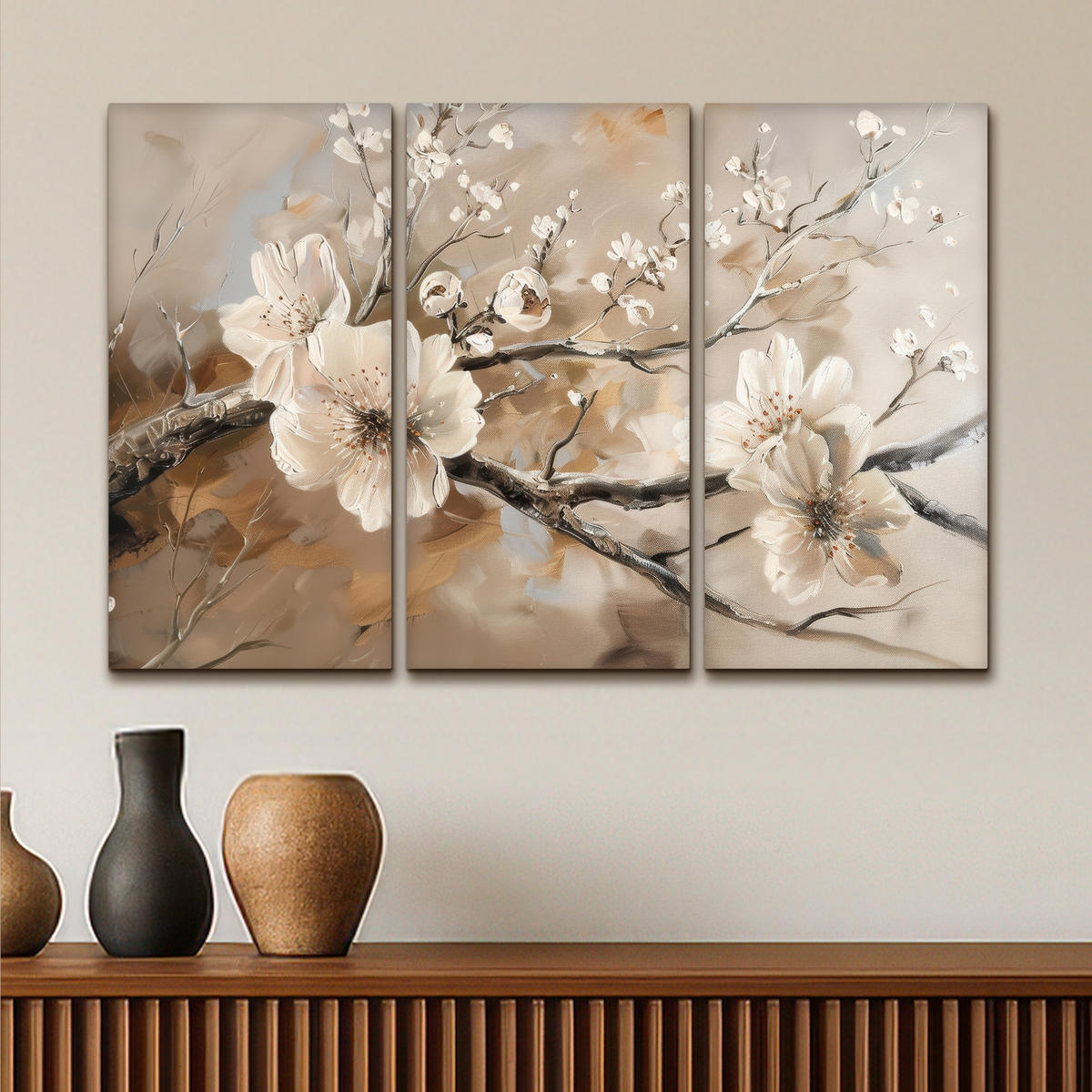 LEINWANDBILD 3er Set Blüte - Beige - Abstrakt - Blumen 90x60 cm - Hellbraun, Textil (90/60cm) - MuchoWow