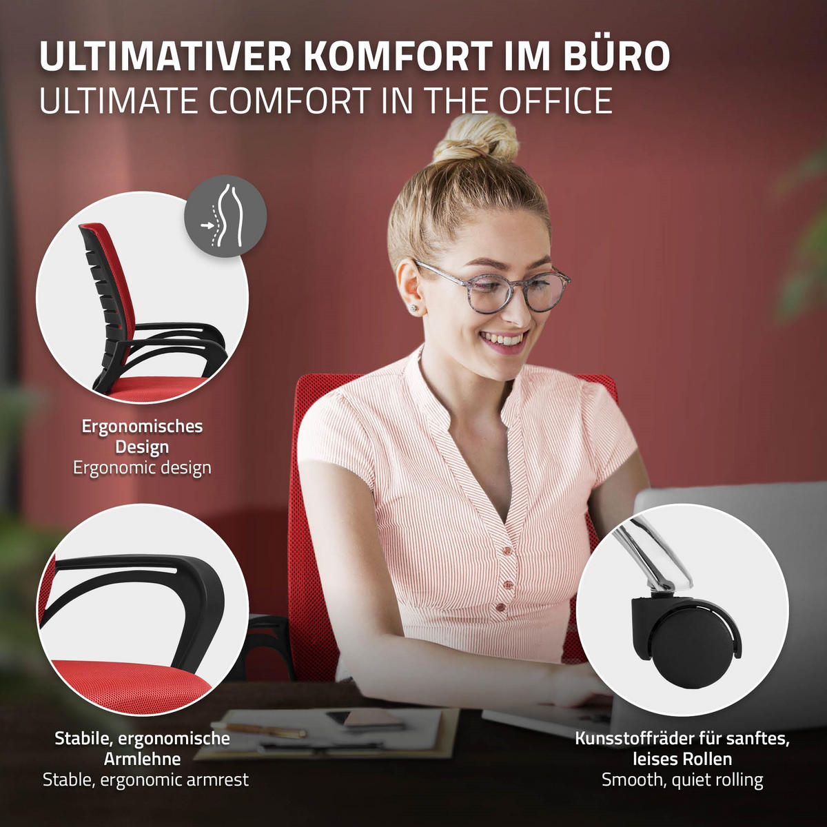 SCHREIBTISCHSTUHL Classic rot - Rot, Metall (54/99/59cm) - ML-DESIGN