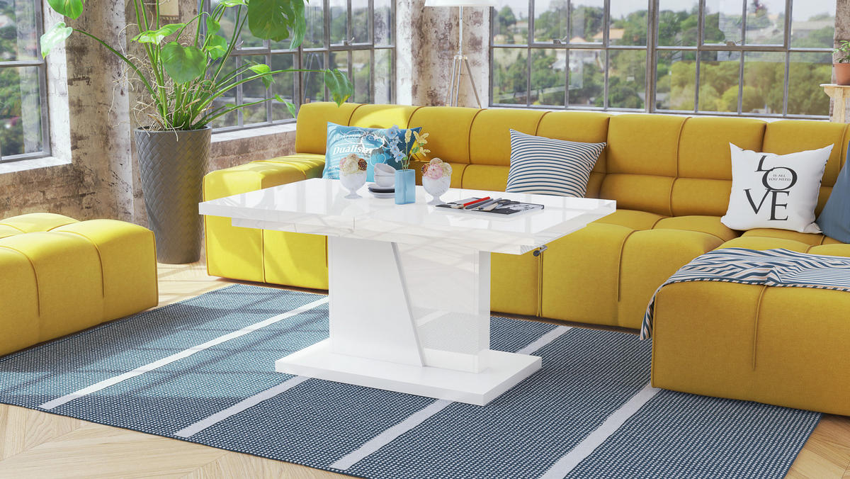 COUCHTISCH rechteckig Weiß Hochglanz - Weiß matt ausziehbar höhenverstellbar - Weiß Hochglanz/Weiß, Holzwerkstoff (70/120/60cm) - designimpex
