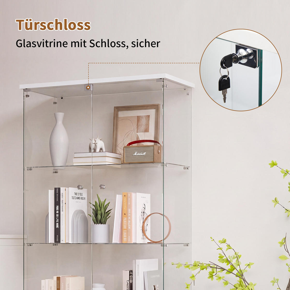 GLASVITRINE Weiß mit 2 Tür 4 Etagen mit Schloss - Weiß, Glas (36.32/164.34/80.52cm) - BPKADHY