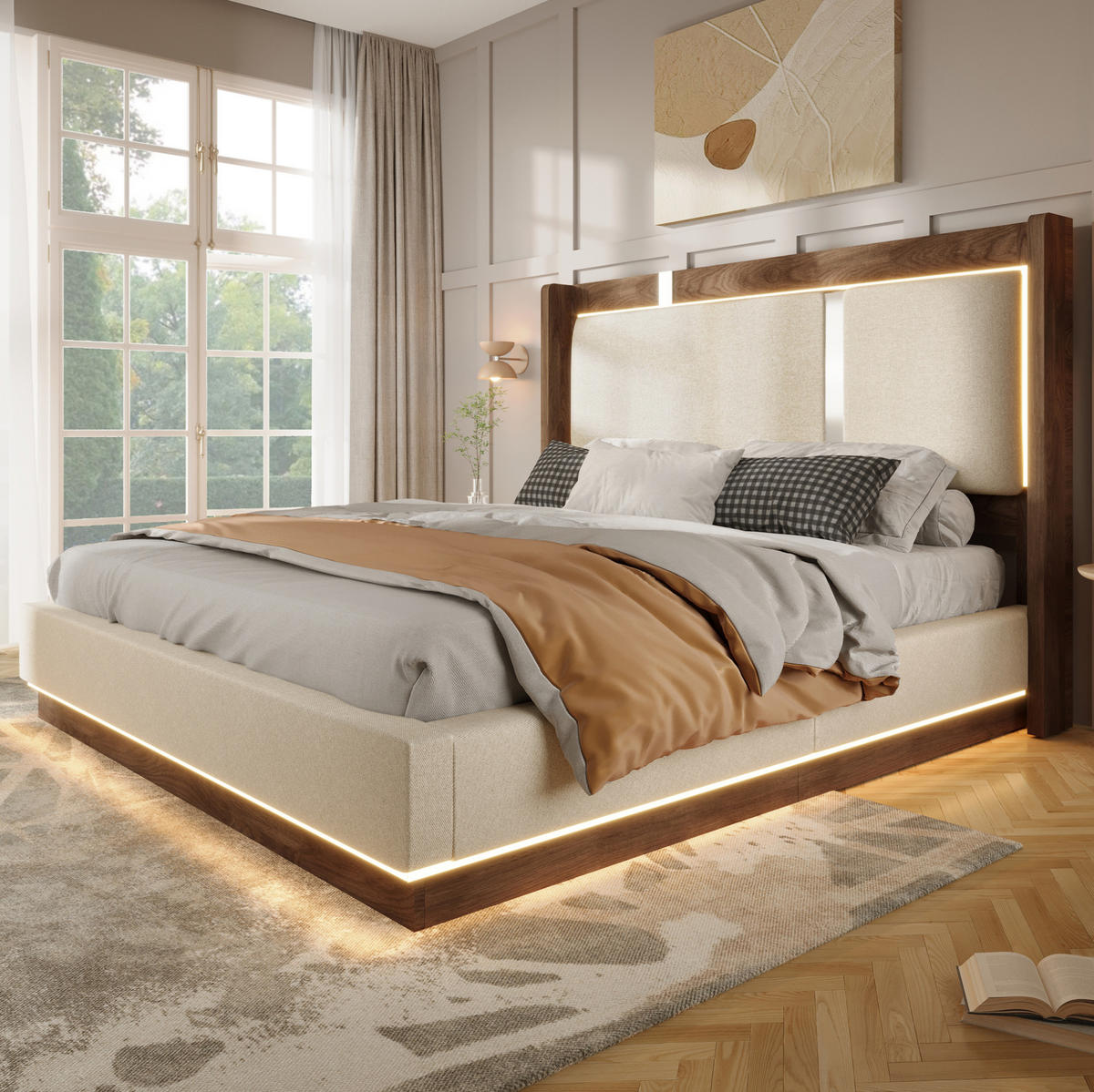 POLSTERBETT 140/190 cm aus Leinen und Holz mit LED und Bettkasten Beige - Beige, Textil (140/190cm) - Modenvie