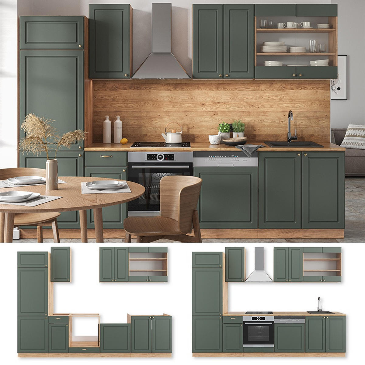 KÜCHENZEILE Fame-Line Grün-Gold Landhaus/Goldkraft Eiche 300 cm ohne Arbeitsplatte - Honigeiche/Grün, Holzwerkstoff (300/81.6/46cm) - Vicco