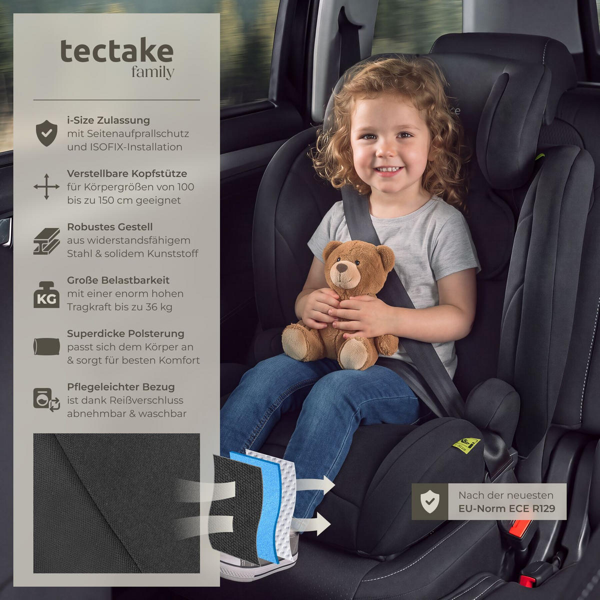 AUTOSITZ Levi, von 100 bis 150 cm, Belastbarkeit 36 kg, schwarz - Schwarz, Kunststoff (48/81/45cm) - tectake