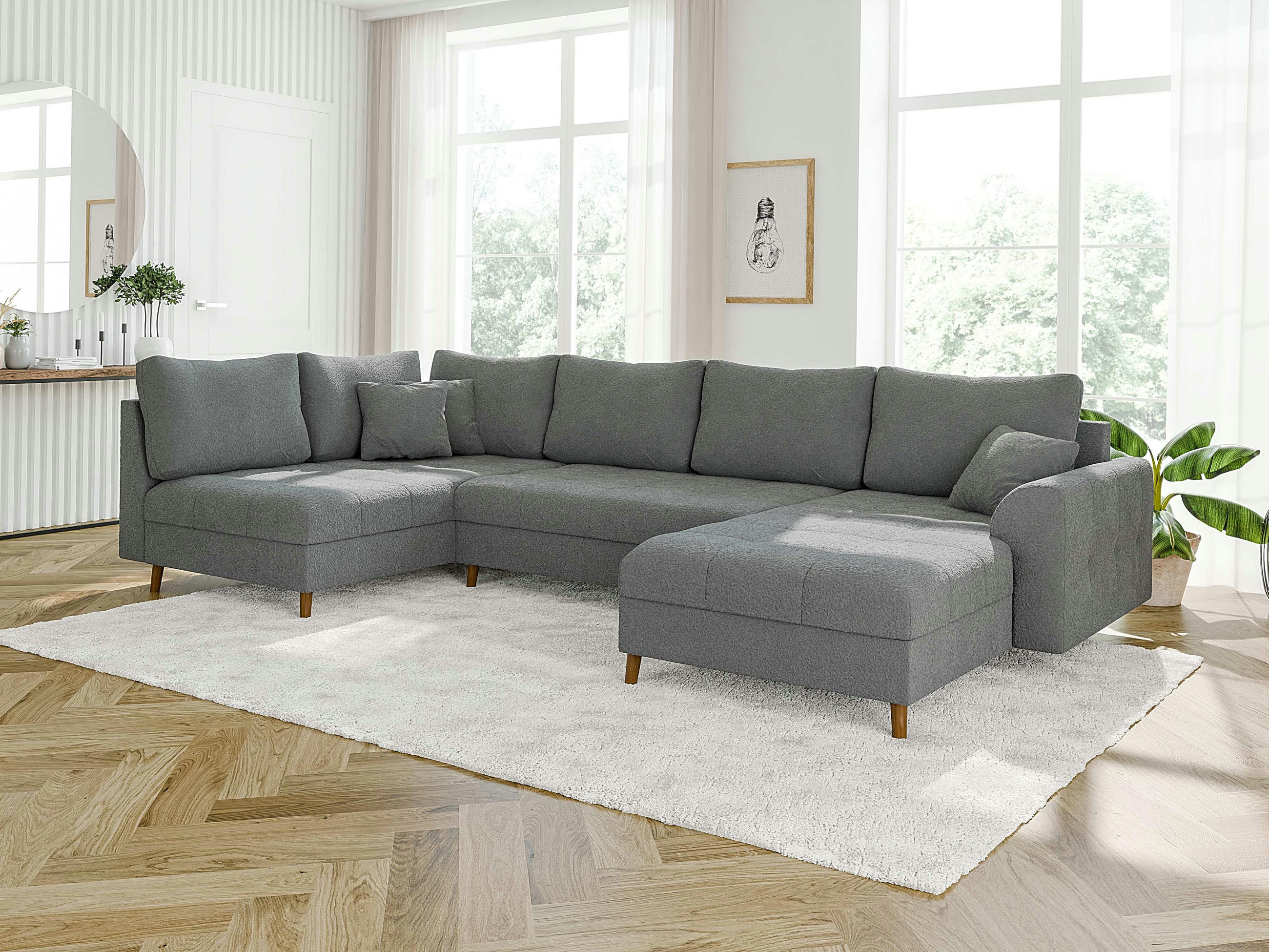 WOHNLANDSCHAFT Henrik Grau Boucle - Ottomane rechts - Dunkelgrau/Braun, Holz/Textil (310/81/161cm) - S-Style Möbel