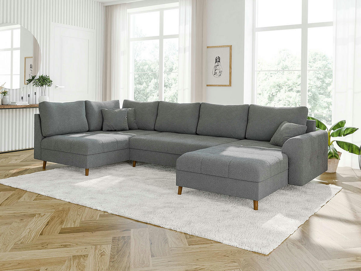 WOHNLANDSCHAFT inkl. Hocker Henrik Grau Boucle - Braun/Grau, Holz/Textil (310/81/161cm) - S-Style Möbel