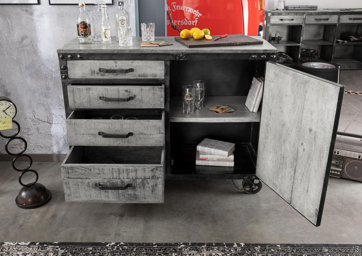 SIDEBOARD Mango 120x46x92 grau lackiert HEAVY INDUSTRY #125 - Grau, Metall (120/92/46cm) - Massivmoebel24