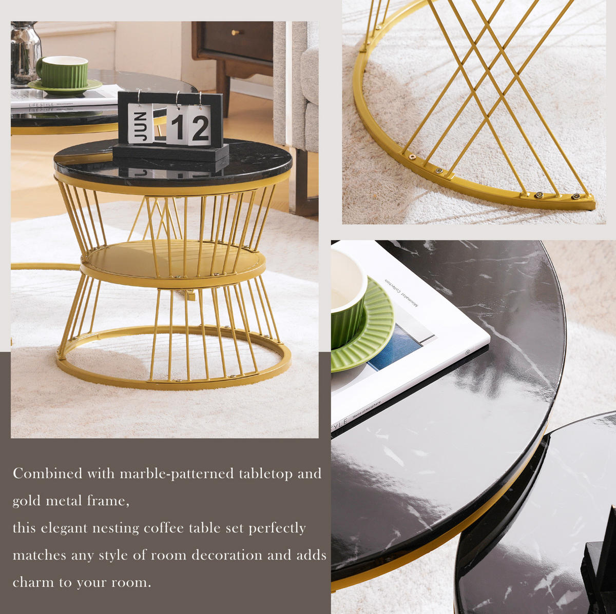 COUCHTISCH 70/45 cm schwarz aus MDF mit Marmormuster - Schwarz, Holzwerkstoff (70/70/45cm) - OKMYHOME