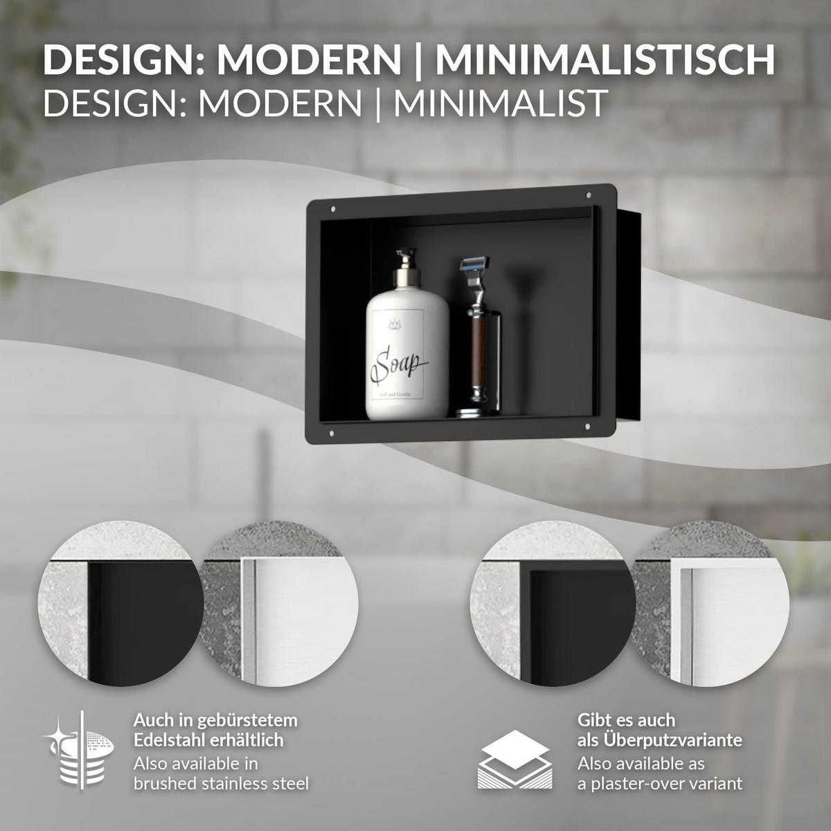 DUSCHNISCHE Schwarz 20/30 cm randlos - Schwarz, Metall (30/20/10cm) - LuxeBath