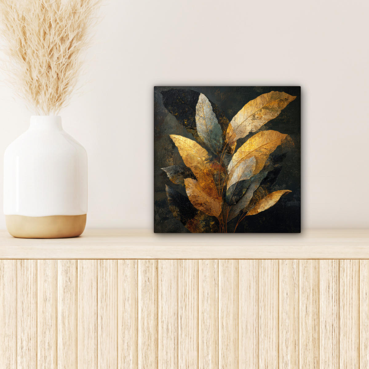 LEINWANDBILD Golden Leaf Komposition - Botanical Luxury Deko Wohnzimmer 20x20 cm - Goldfarben/Schwarz, Textil (20/20cm) - MuchoWow