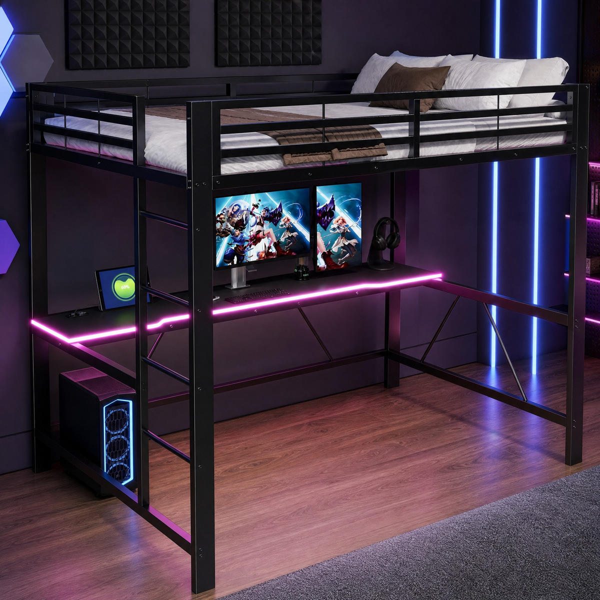 HOCHBETT 140/200 mit Schreibtisch, LED und USB in Schwarz - Schwarz, Holzwerkstoff/Metall (140/200cm) - EVRYAE