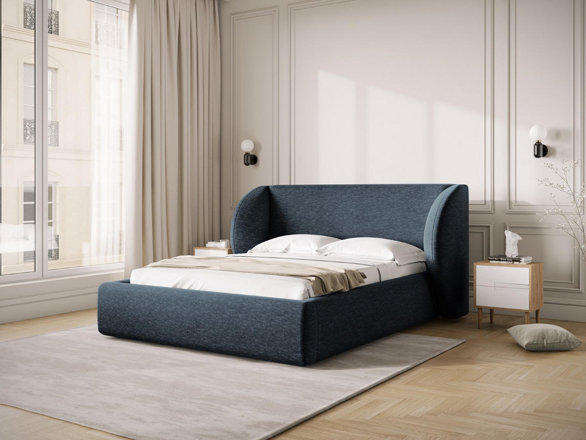 BETT mit Bettkasten und Kopfteil Miley aus Chenille-Stoff königsblau 140x200cm - Blau, Textil (140/200cm) - Micadoni