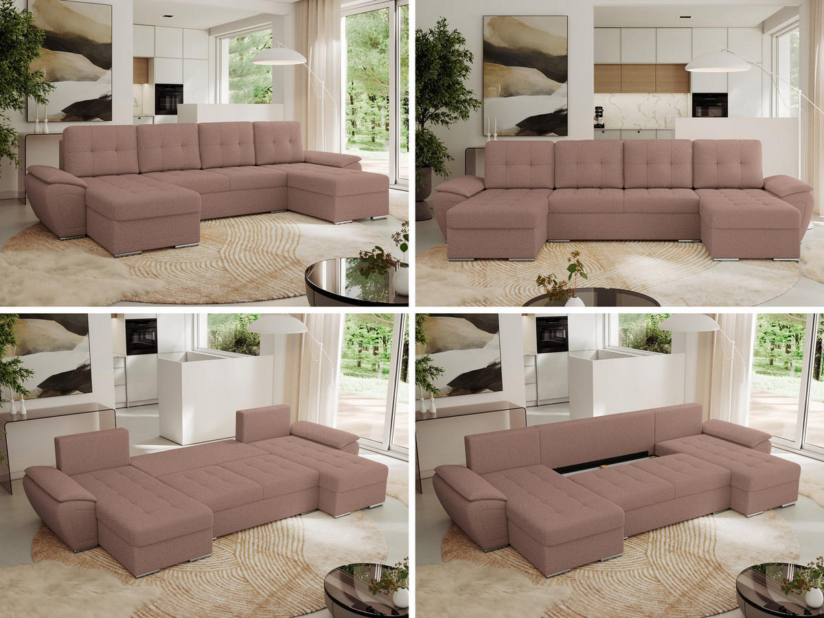 WOHNLANDSCHAFT UMBRIA U Rosa Boucle - Rosa/Grau, Textil/Metall (336/85/157cm) - MKS