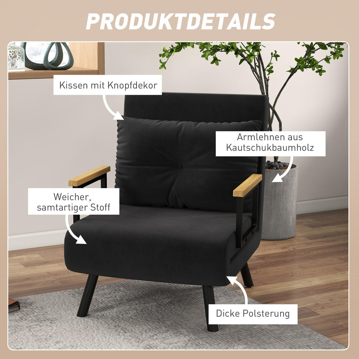 SCHLAFSESSEL, Einzelsofa mit Bettfunktion, Relaxsessel mit Rückenkissen Schwarz - Schwarz/Naturfarben, Holz/Textil (63/81/73cm) - HOMCOM