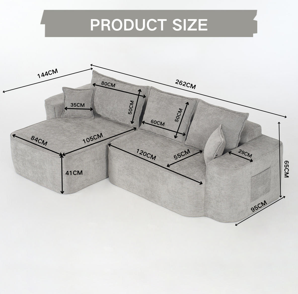 ECKSOFA 262/144/65 cm grau aus Chenille mit Modulfunktion - Grau, Textil (144/262cm) - OKWISH