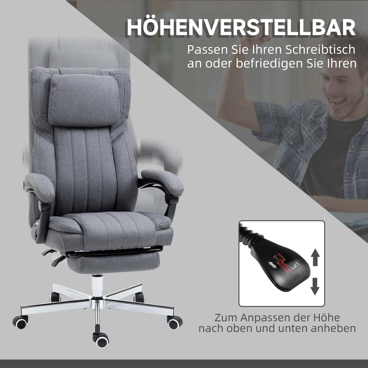 BÜROSTUHL mit Massagefunktion, Grau - Grau, Kunststoff (61/113/65cm) - Vinsetto