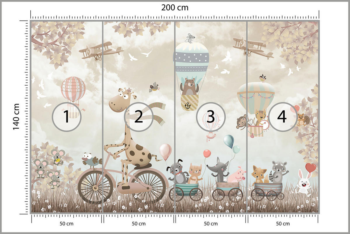 FOTOTAPETE Tiere auf Fahrrädern Luftballons Flugzeuge Pflanzen 200x140 - Blau/Beige, Papier (200/140cm) - Muralo