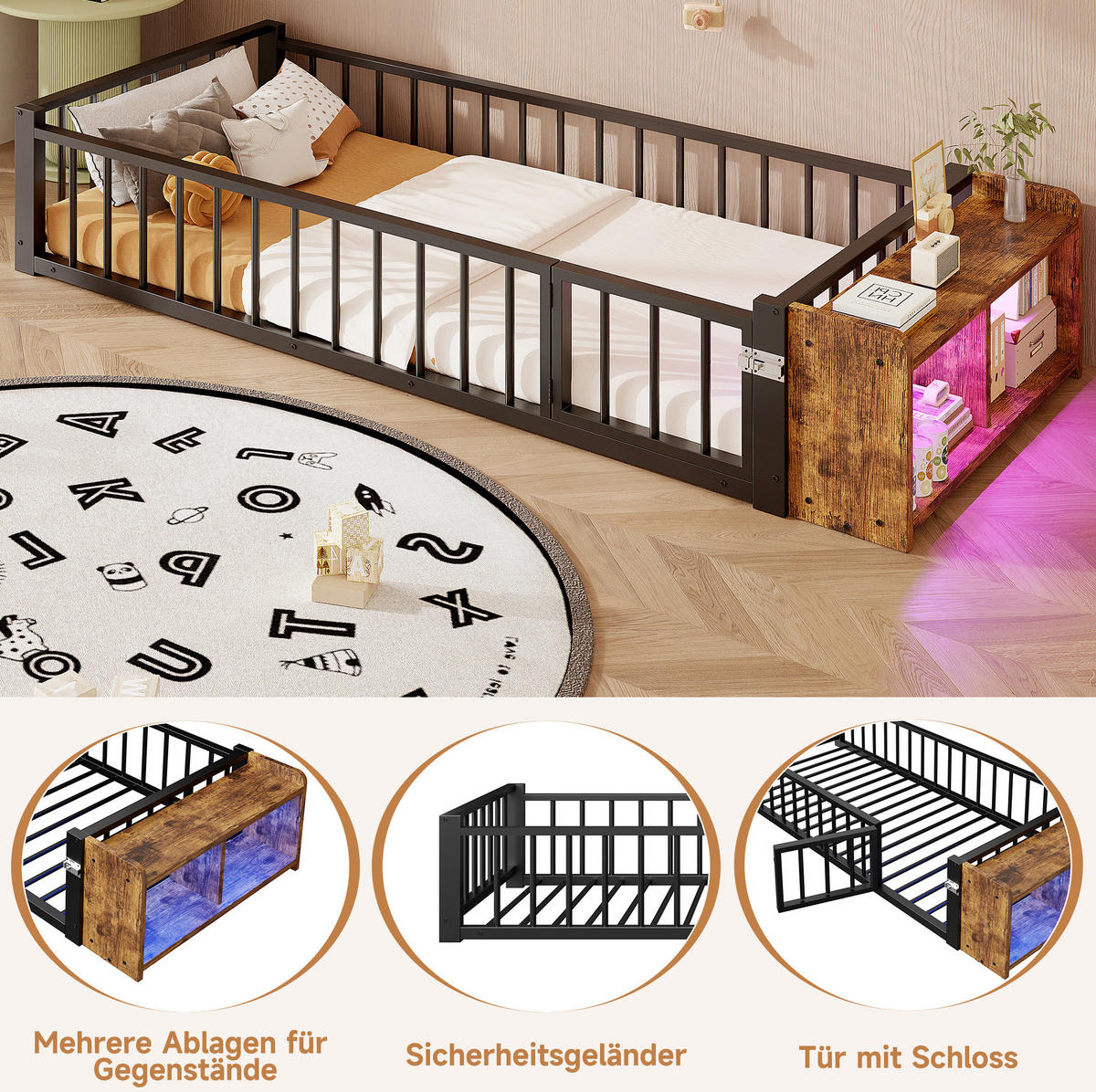 KINDERBETT 90/200 cm schwarz aus Metall und MDF mit Schutzgitter - Schwarz, Holzwerkstoff (90/200cm) - OKWISH