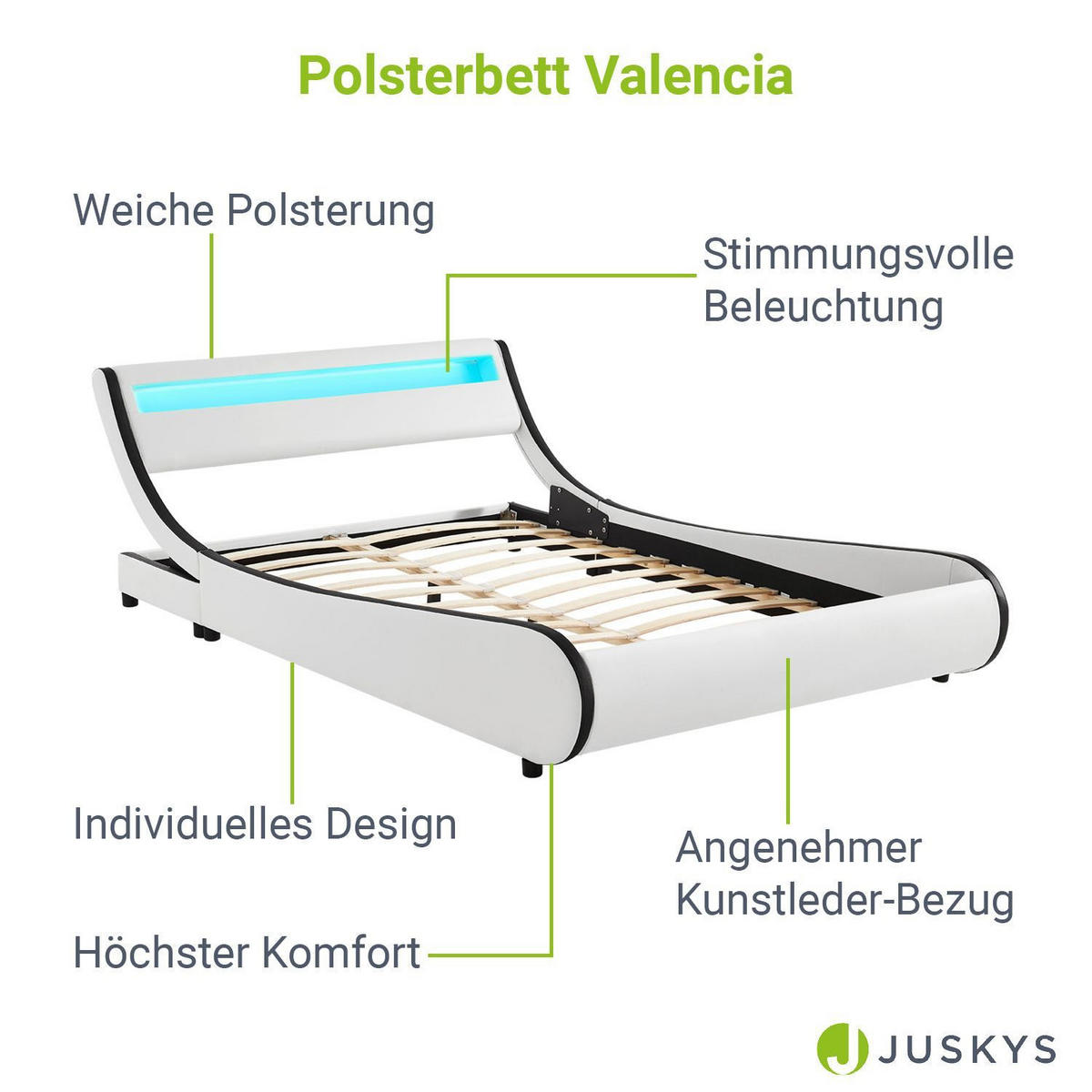 POLSTERBETT Valencia weiß 180x200 cm mit LED - Weiß, Textil (180/200cm) - Juskys