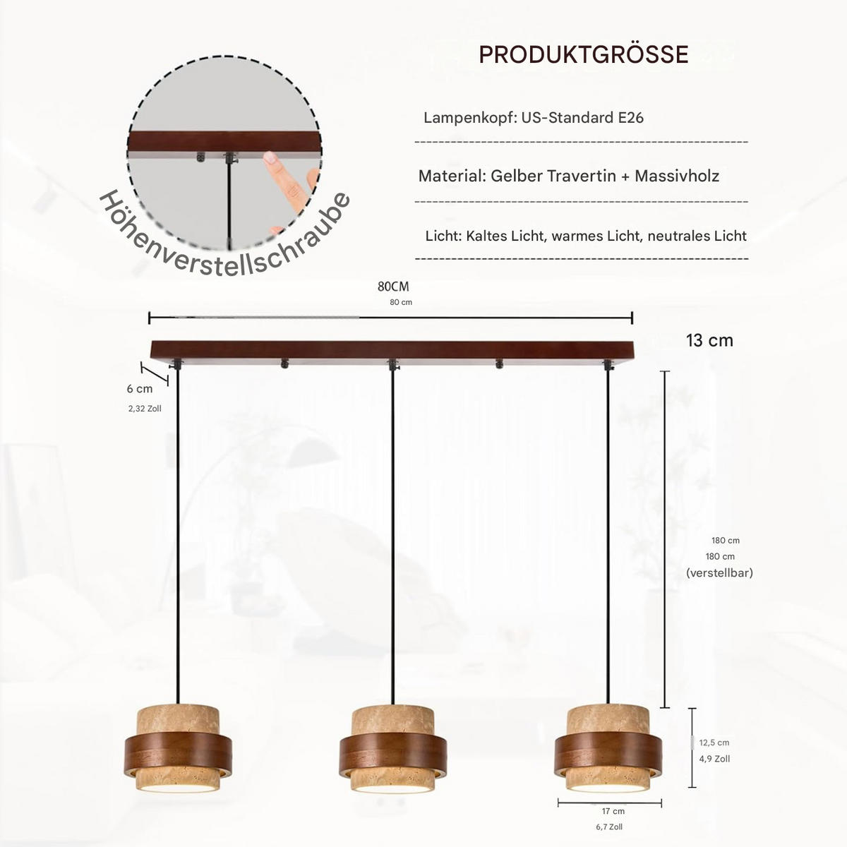 PENDELLEUCHTE Travertin Gelb & Holz, Wabi Sabi Stil - Gelb, Naturmaterialien (170/80/20cm) - Weltevree