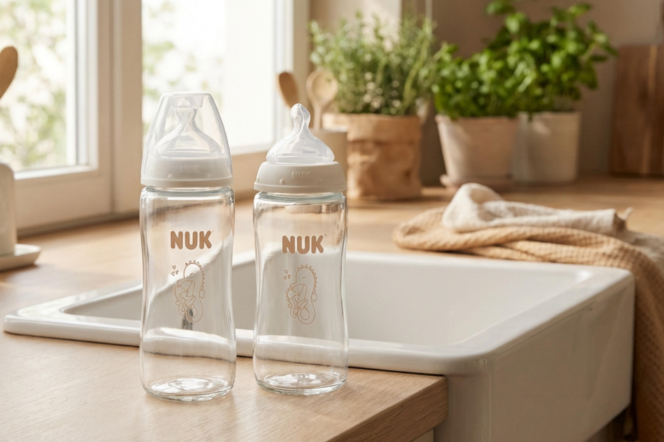 Zwei transparente Babyflaschen mit NUK-Logo und Bärchenmotiv stehen auf einer Küchenarbeitsplatte neben einem weißen Spülbecken, im Hintergrund Pflanzen und ein Handtuch.