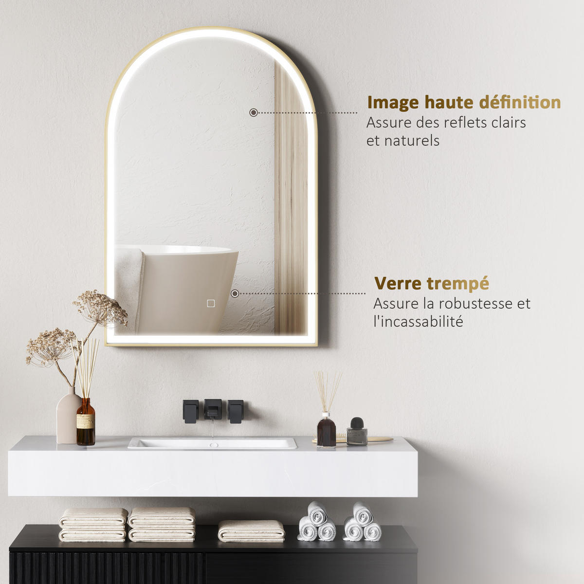 BADEZIMMERSPIEGEL DE-15165 90/60 cm gewölbt mit 3 LED-Farben - Goldfarben, Glas (3/60/90cm) - ComfortXL
