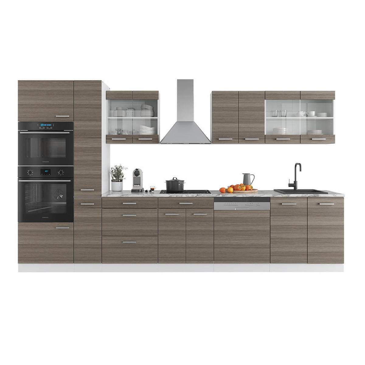 KÜCHENZEILE R-Line Edelgrau/Weiß 350 cm mit Hochschrank, AP Eiche - Braun/Weiß, Holzwerkstoff (350/81.6/60cm) - Vicco