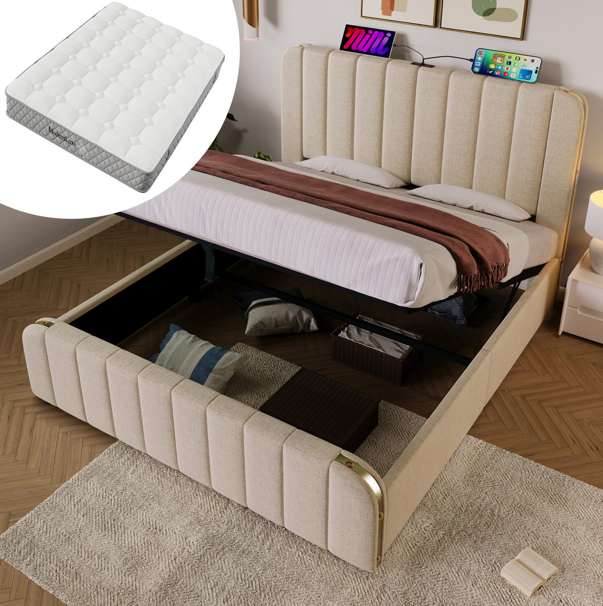 POLSTERBETT mit Stauraum, Matratze & USB 140x200 cm Leinen Beige - Beige, Metall (140/200cm) - Meubliv
