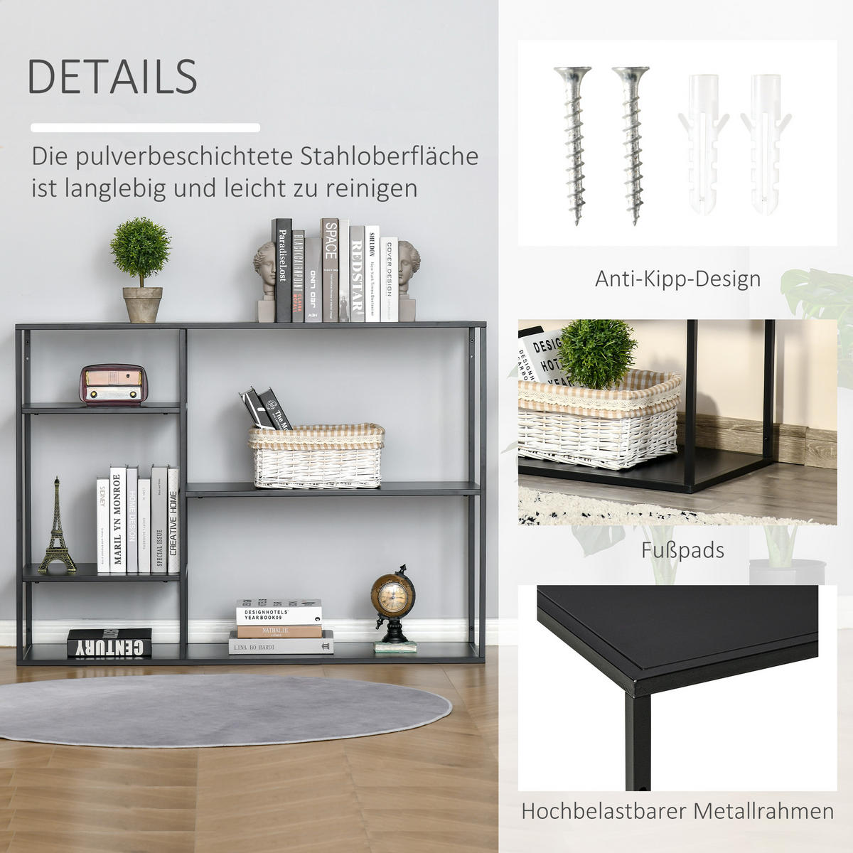 STANDREGAL, Bücherregal, Schwarz - Schwarz, Metall (35/87.5/120cm) - HOMCOM