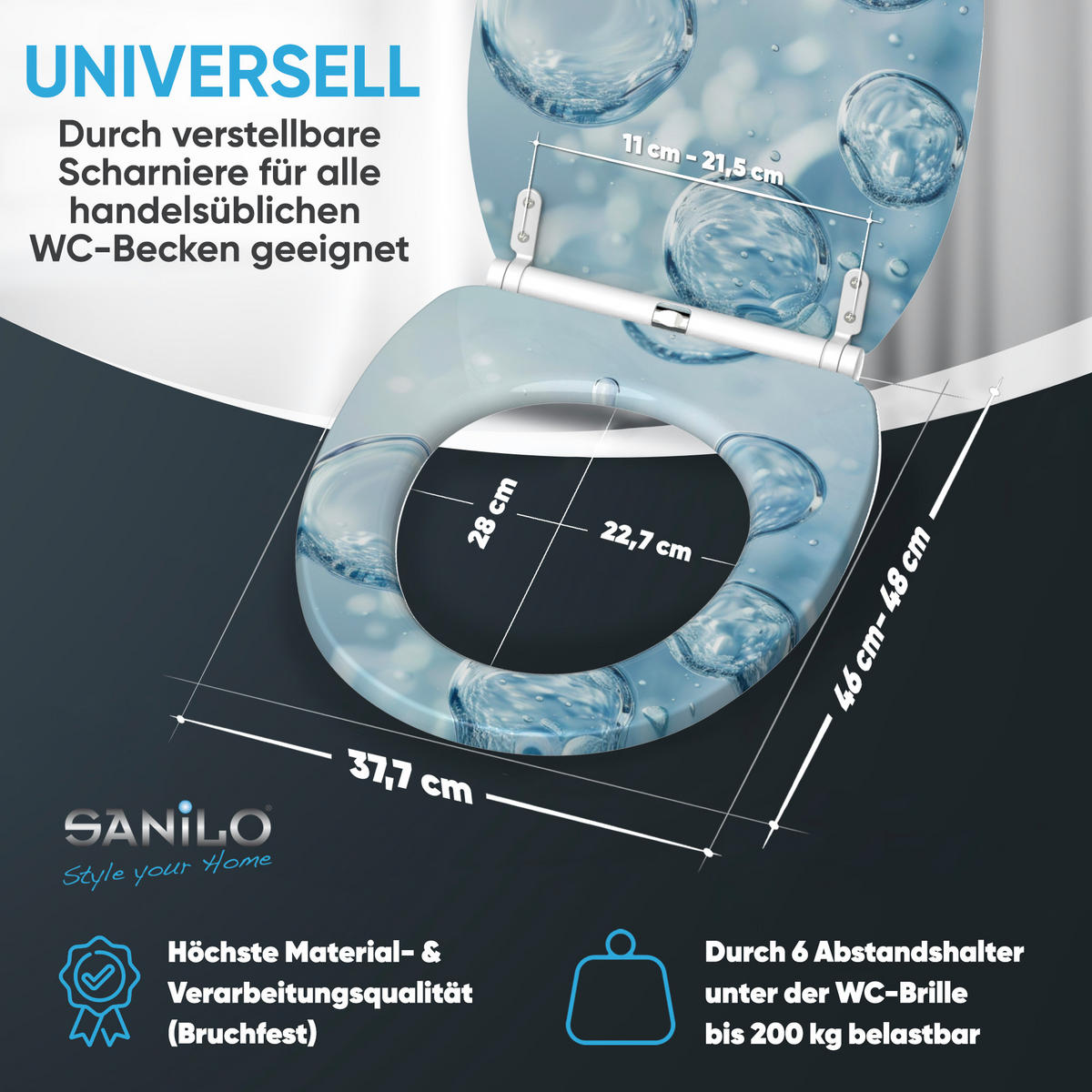 WC-SITZ mit Absenkautomatik & Top Fix Bubbles - Blau, Holzwerkstoff (37.7/5.5/48cm) - Sanilo