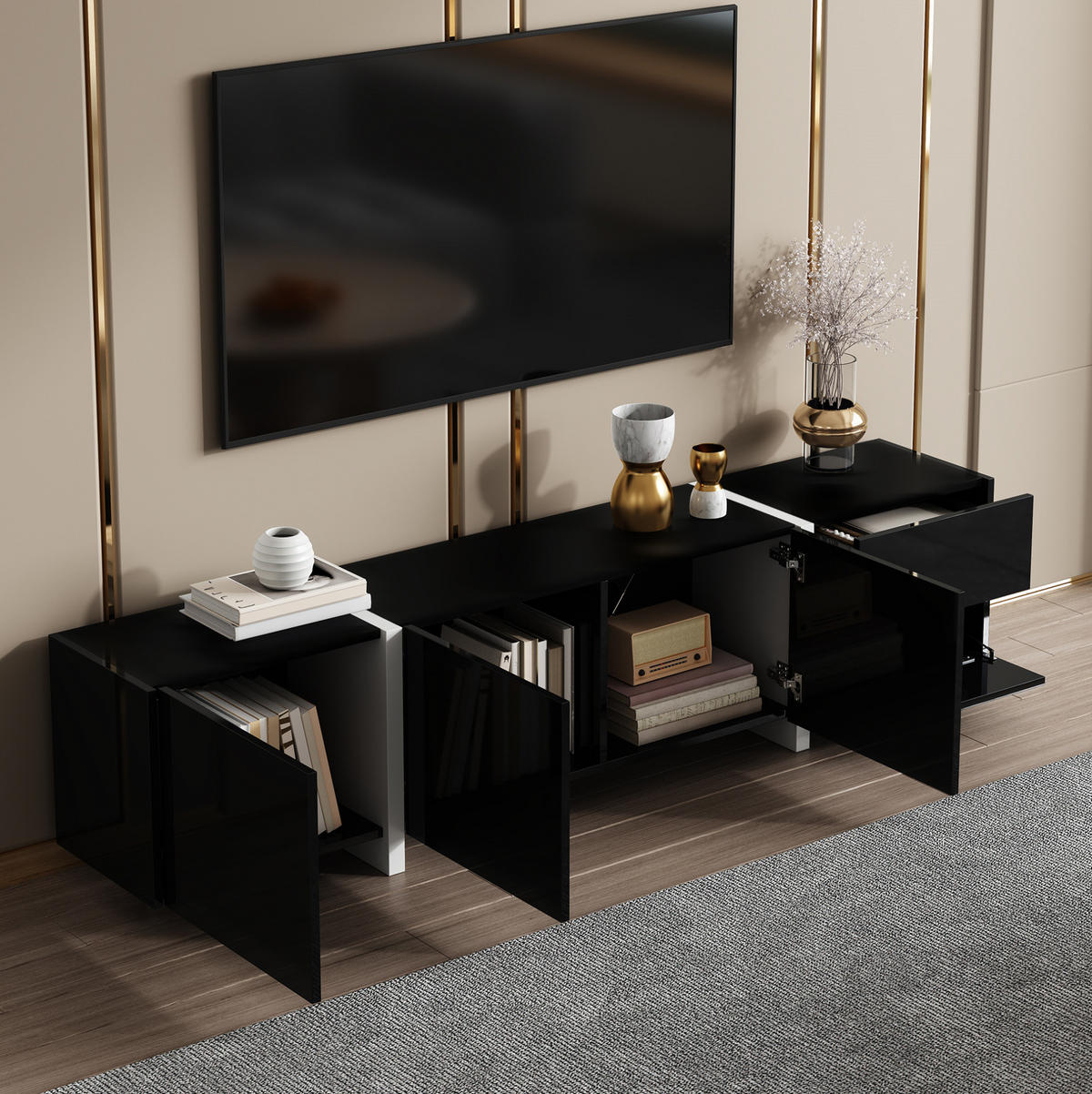 TV-ELEMENT mit 3 Türen und Schublade 170 cm Schwarz-Weiß Hochglanz - Schwarz, Holzwerkstoff (30/39/170cm) - Beauniv