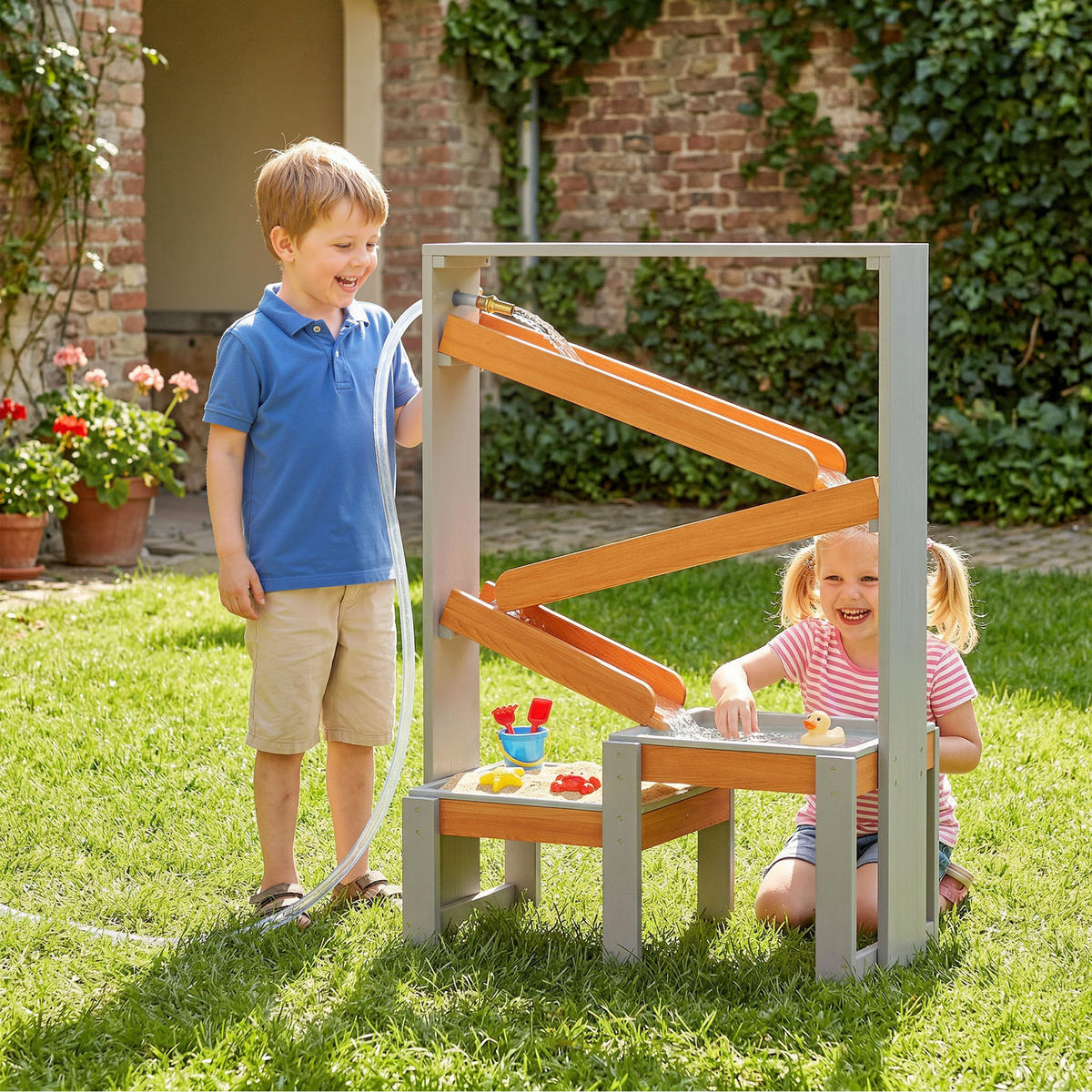 SAND-WASSERSPIELTISCH DE-10550 mit Wasserbahn & 2 Becken Grau - Grau, Metall (75/34.5/105cm) - ComfortXL