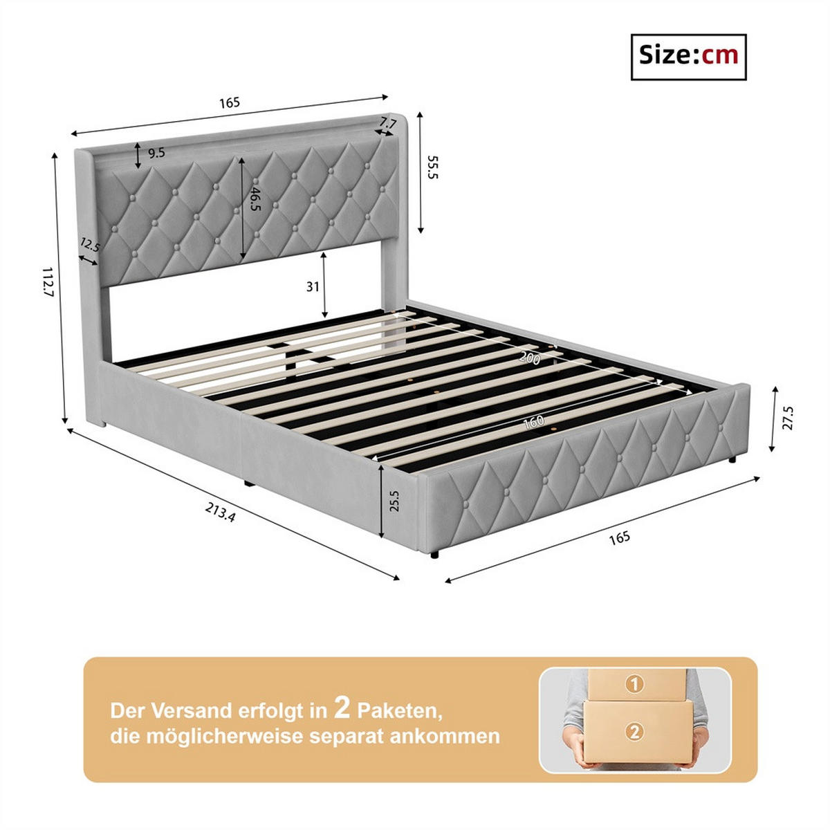 POLSTERBETT 160x200 cm mit hydraulischem Stauraum - Kopfteil Regal & LED - USB - ohne Matratze - Grau - Grau, Textil (160/200cm) - DELFA