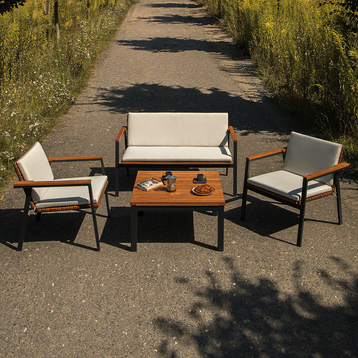 GARTENBANK ARIATO mit Kiss - Anthrazit/Beige, Holz/Metall (134/77/73cm) - KONSIMO®