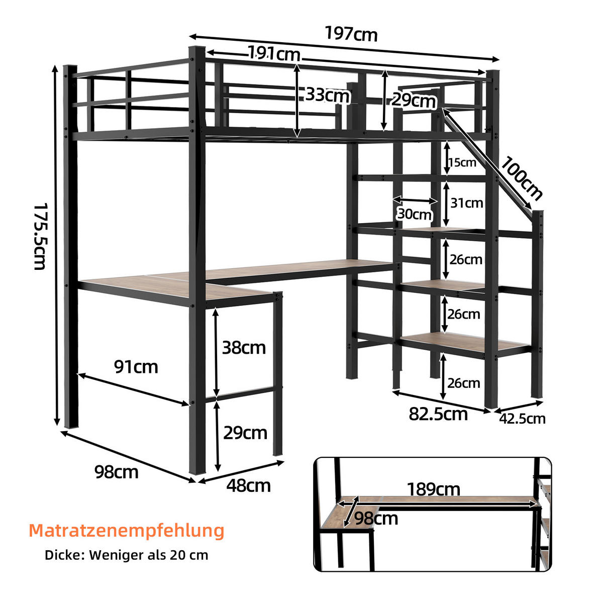 HOCHBETT 90/190 mit L-förmigem Schreibtisch, Stauraumtreppe und Geländer - Schwarz, Holzwerkstoff/Metall (90/200cm) - EVRYAE